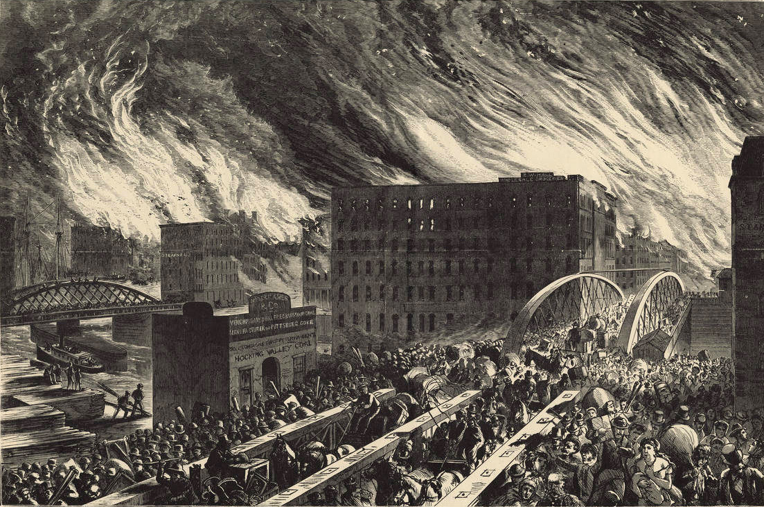 Historic illustration of the Great Chicago Fire of 1871, showing buildings ablaze and people fleeing across bridges