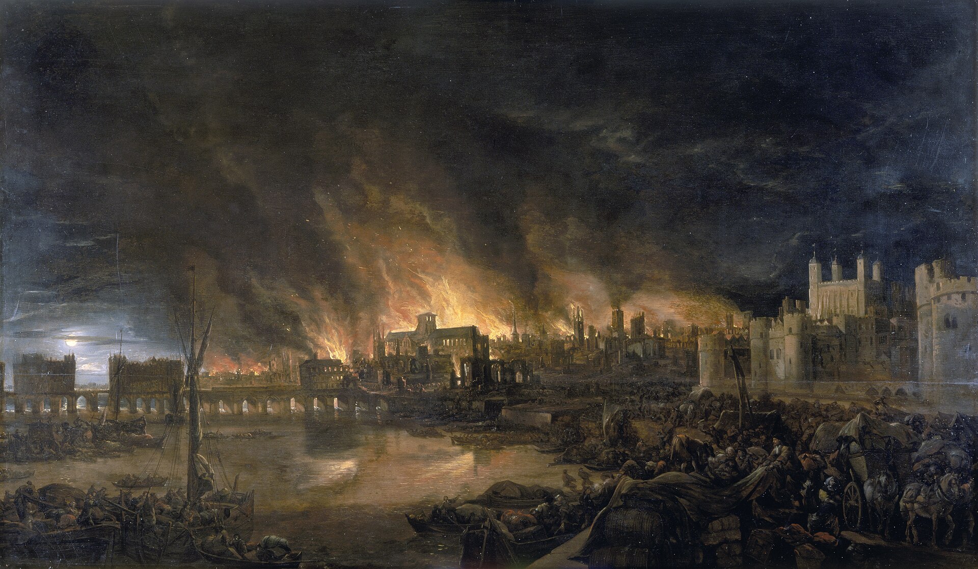 Historic painting depicting the Great Fire of London in 1666, showing flames engulfing medieval buildings along the Thames River